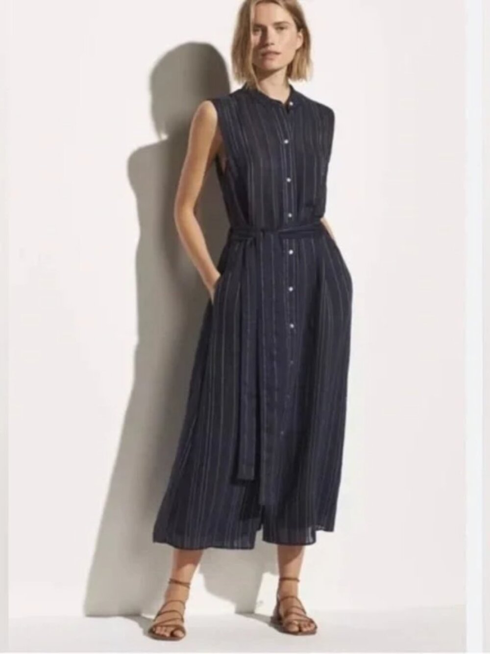 Vince drapey striped buttondown dress with belt NWT